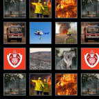 Firefighter bushfire panel black background firetrucks rescue helicopter koala fabric for Australian quilts and tribute projects