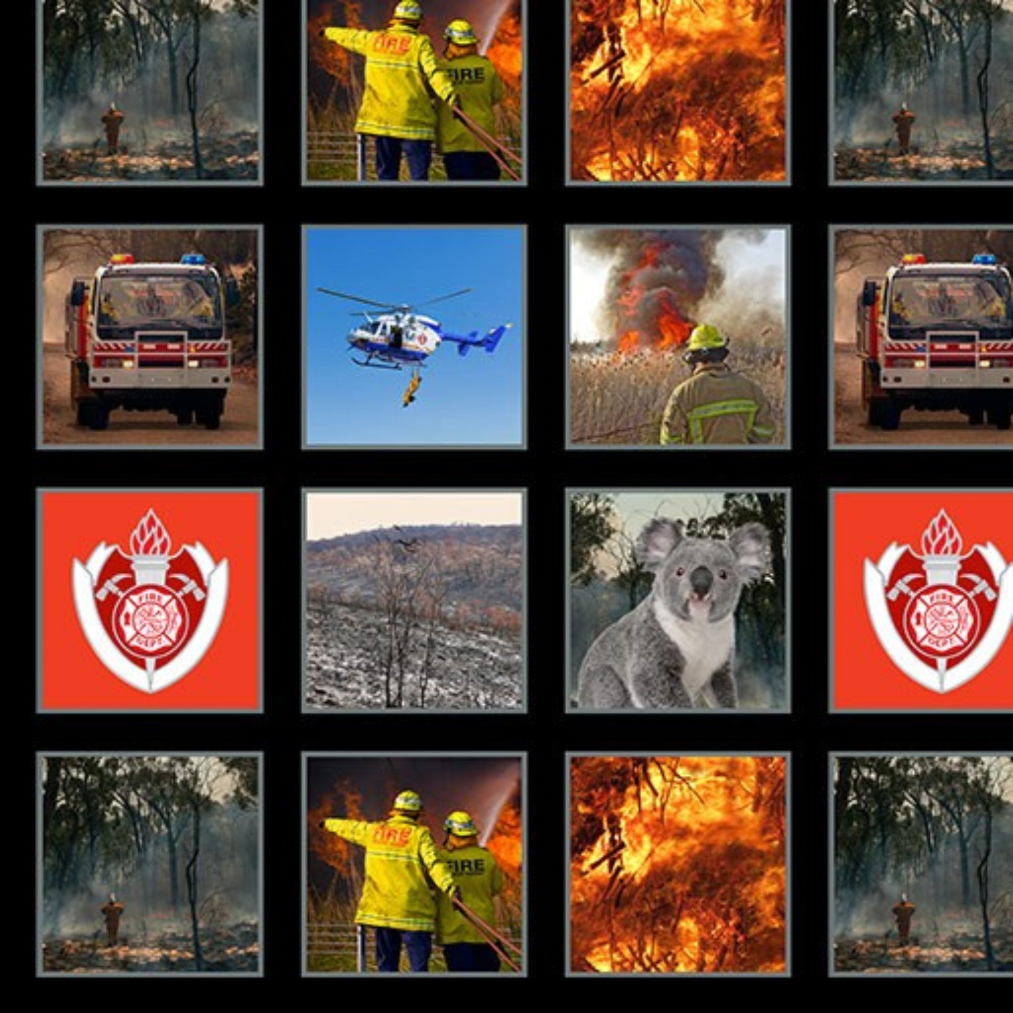 Firefighter bushfire panel black background firetrucks rescue helicopter koala fabric for Australian quilts and tribute projects