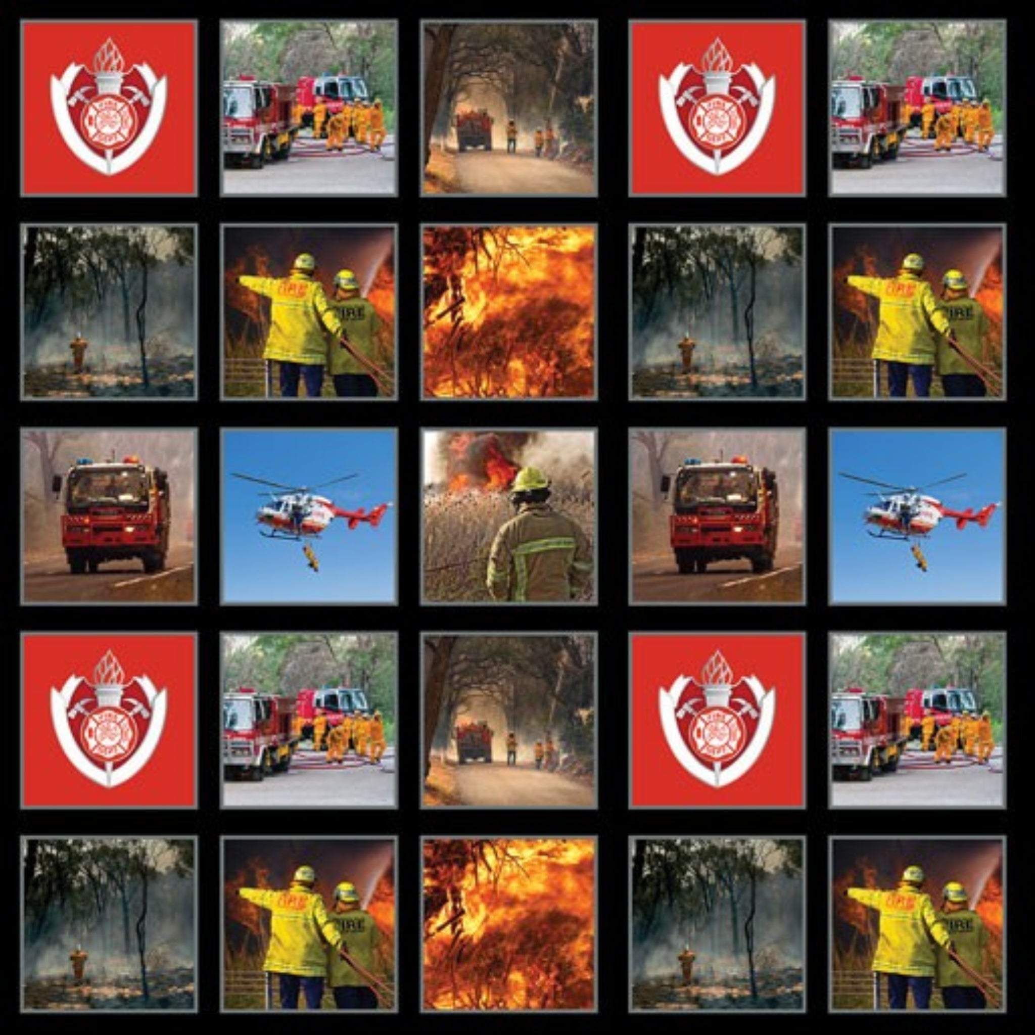 Firefighter bushfire panel black background firetrucks rescue helicopter koala fabric for Australian quilts and tribute projects