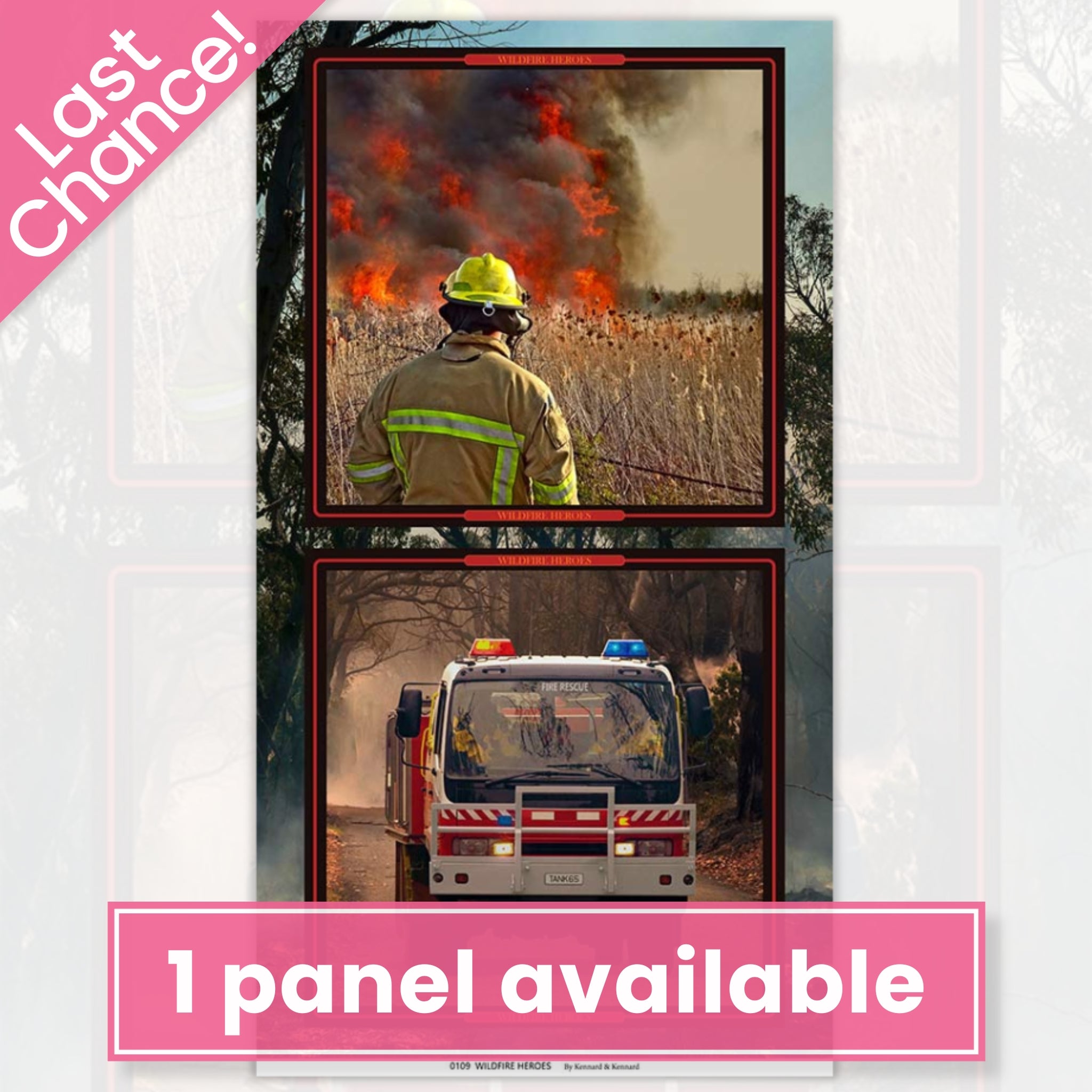 Firefighter bushfire firetruck Fire Rescue panel dark background red border fabric for Australian tribute quilts and wall hangings