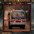 Bushfire firetruck Fire Rescue panel dark background red border fabric for Australian tribute quilts and wall hangings