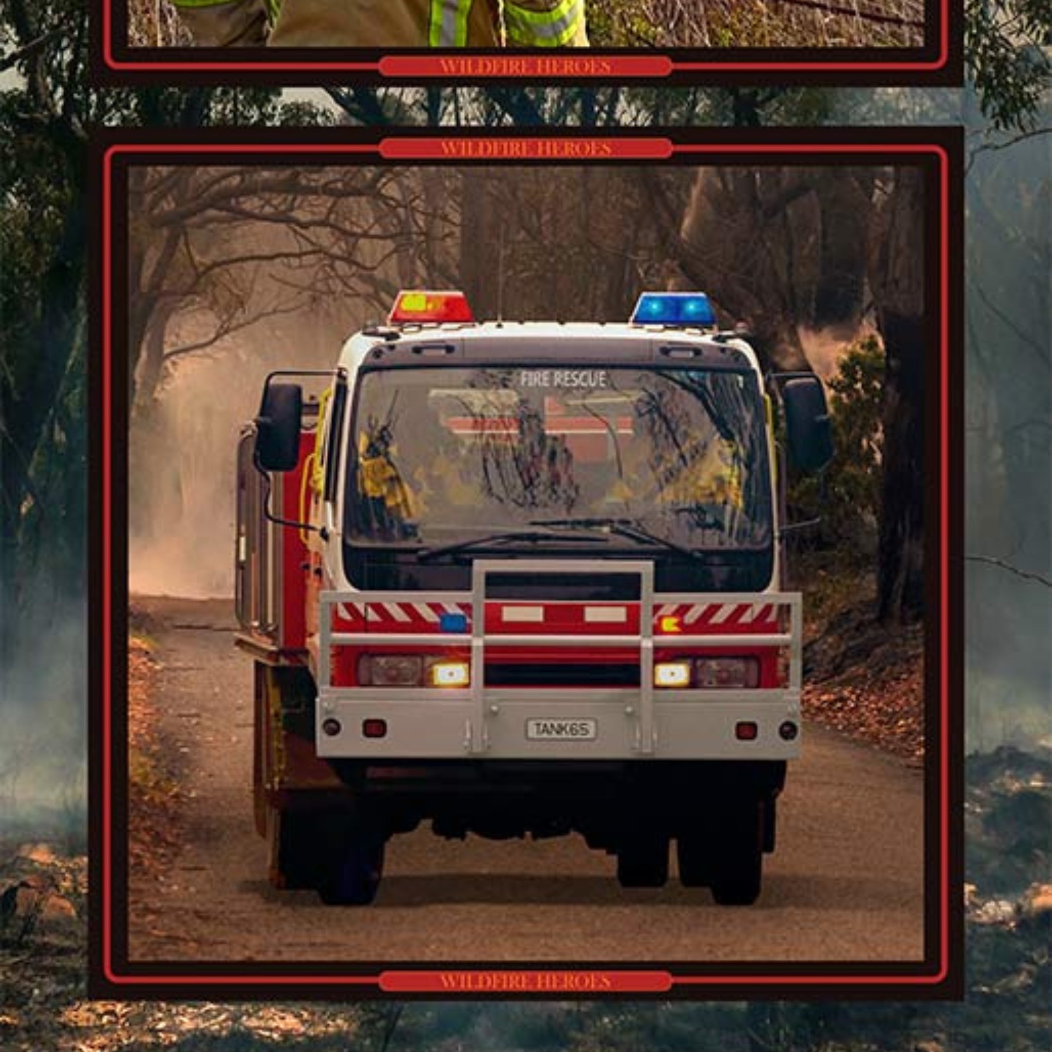 Bushfire firetruck Fire Rescue panel dark background red border fabric for Australian tribute quilts and wall hangings
