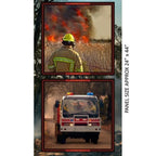 Firefighter bushfire firetruck Fire Rescue panel dark background red border fabric for Australian tribute quilts and wall hangings