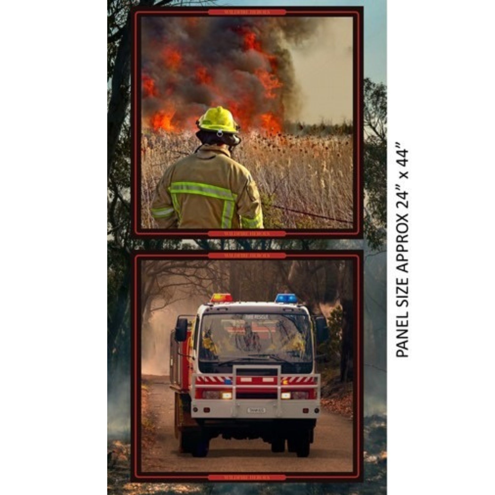 Firefighter bushfire firetruck Fire Rescue panel dark background red border fabric for Australian tribute quilts and wall hangings