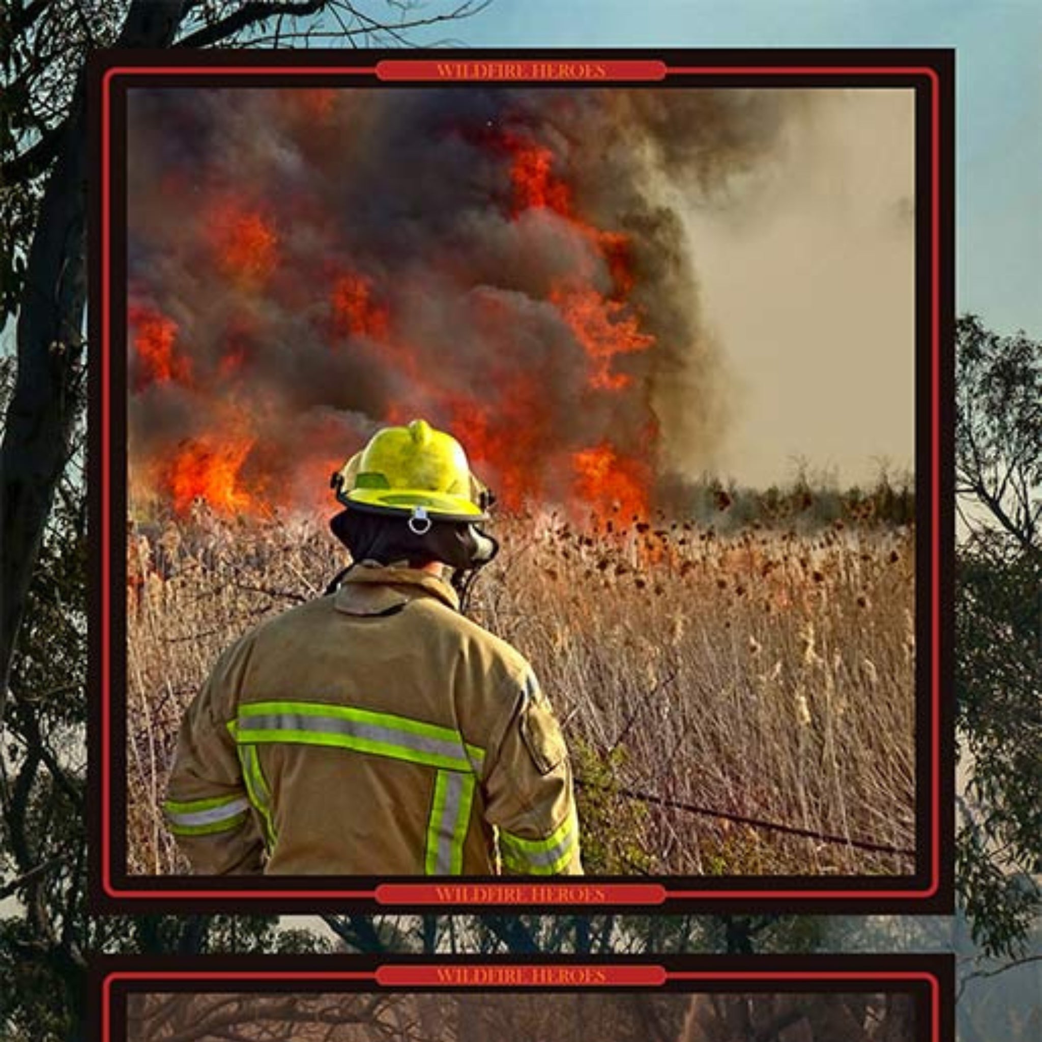 Firefighter bushfire Fire Rescue panel dark background red border fabric for Australian tribute quilts and wall hangings