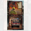 Firefighter bushfire firetruck Fire Rescue panel dark background red border fabric for Australian tribute quilts and wall hangings