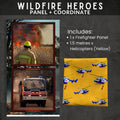 Wildfire Heroes panel and helicopters yellow coord bundle firefighter fabric for Australian tribute quilts and emergency services patchwork projects