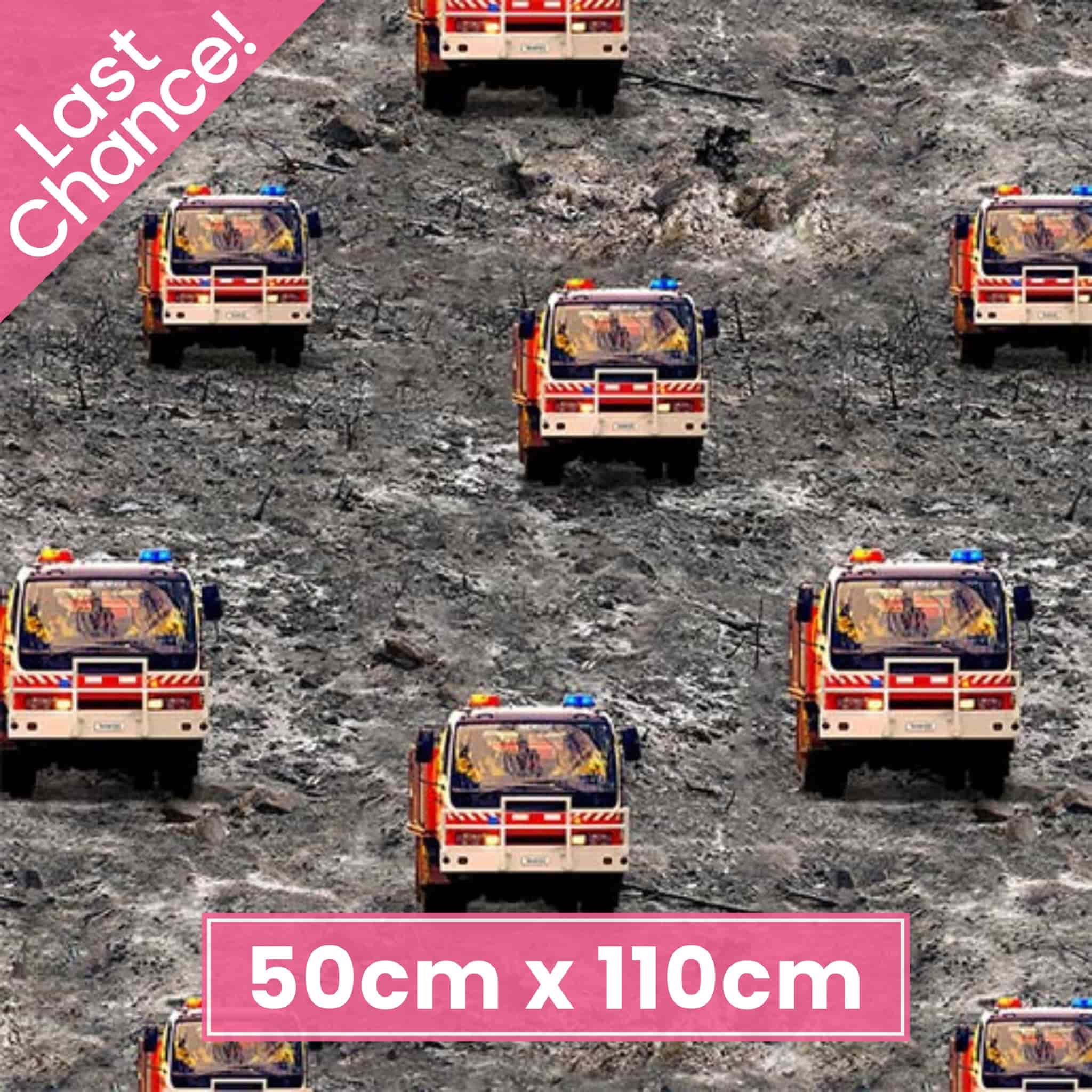 Australian fire trucks in red and white on gravel gray quilting cotton fabric for boys quilts