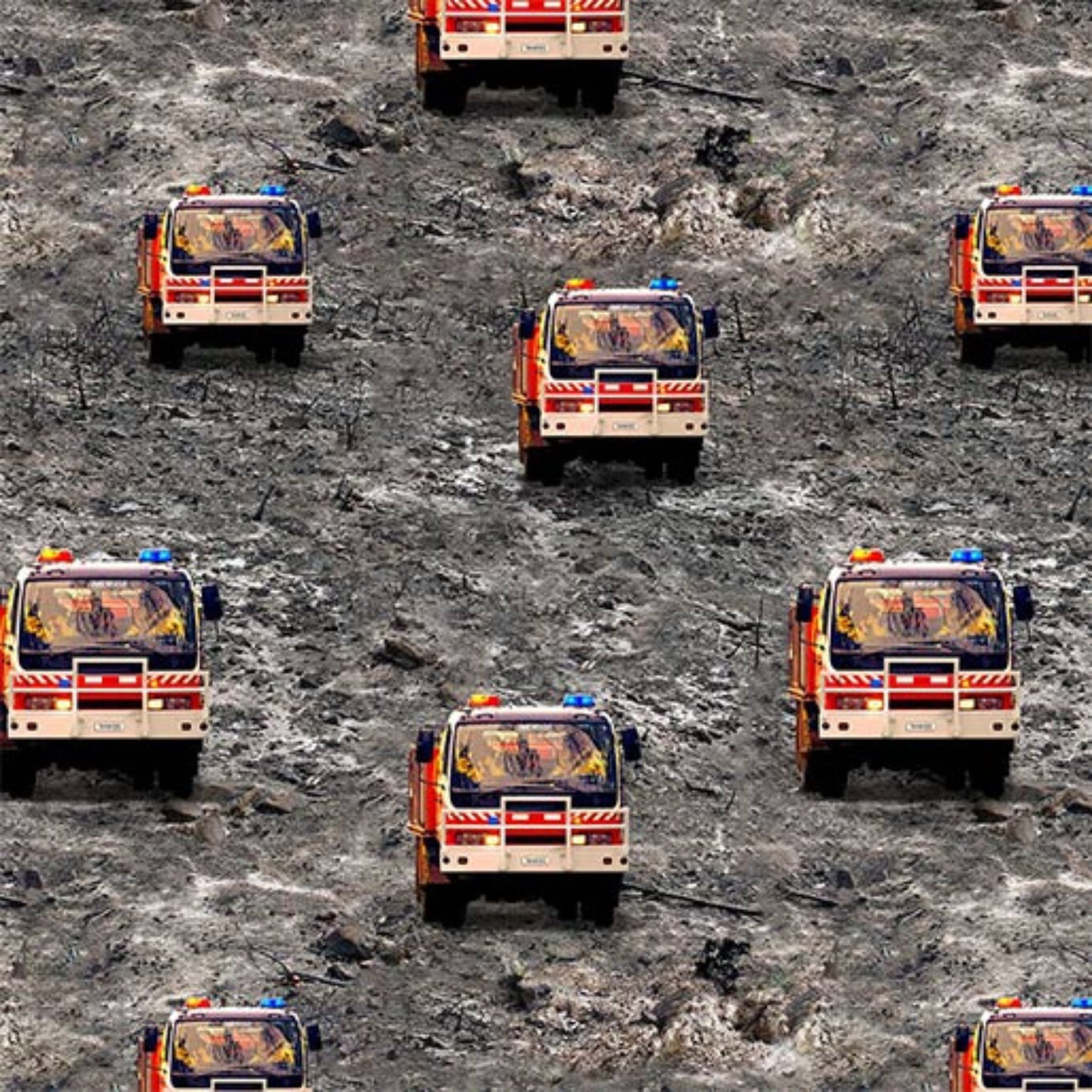 Australian firetruck repeat red white grey gravel background fabric for boys quilts children's novelty kids patchwork projects