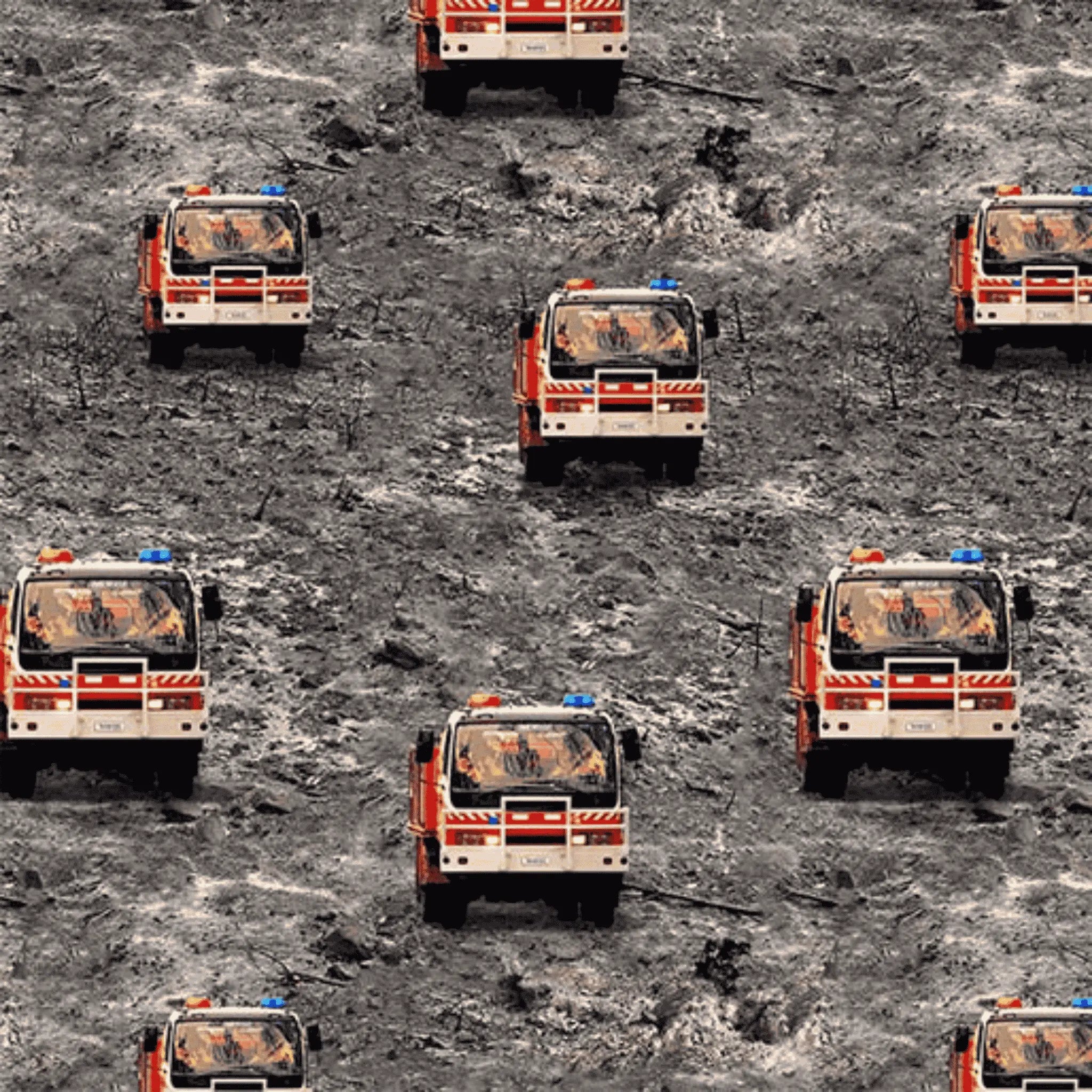 Wildfire Heroes Firetrucks Repeat Gravel - Frances Lilly KK Fabrics - Cotton Fabric Australia