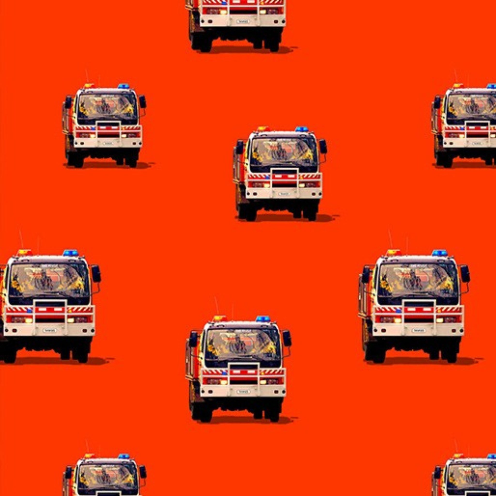 Australian firetruck repeat red white bold red background fabric for boys quilts children's novelty kids patchwork projects