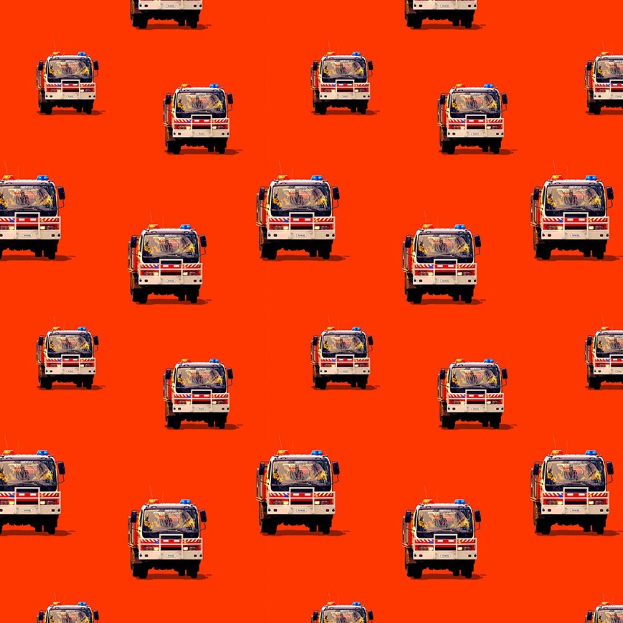 Australian firetruck repeat red white bold red background fabric for boys quilts children's novelty kids patchwork projects