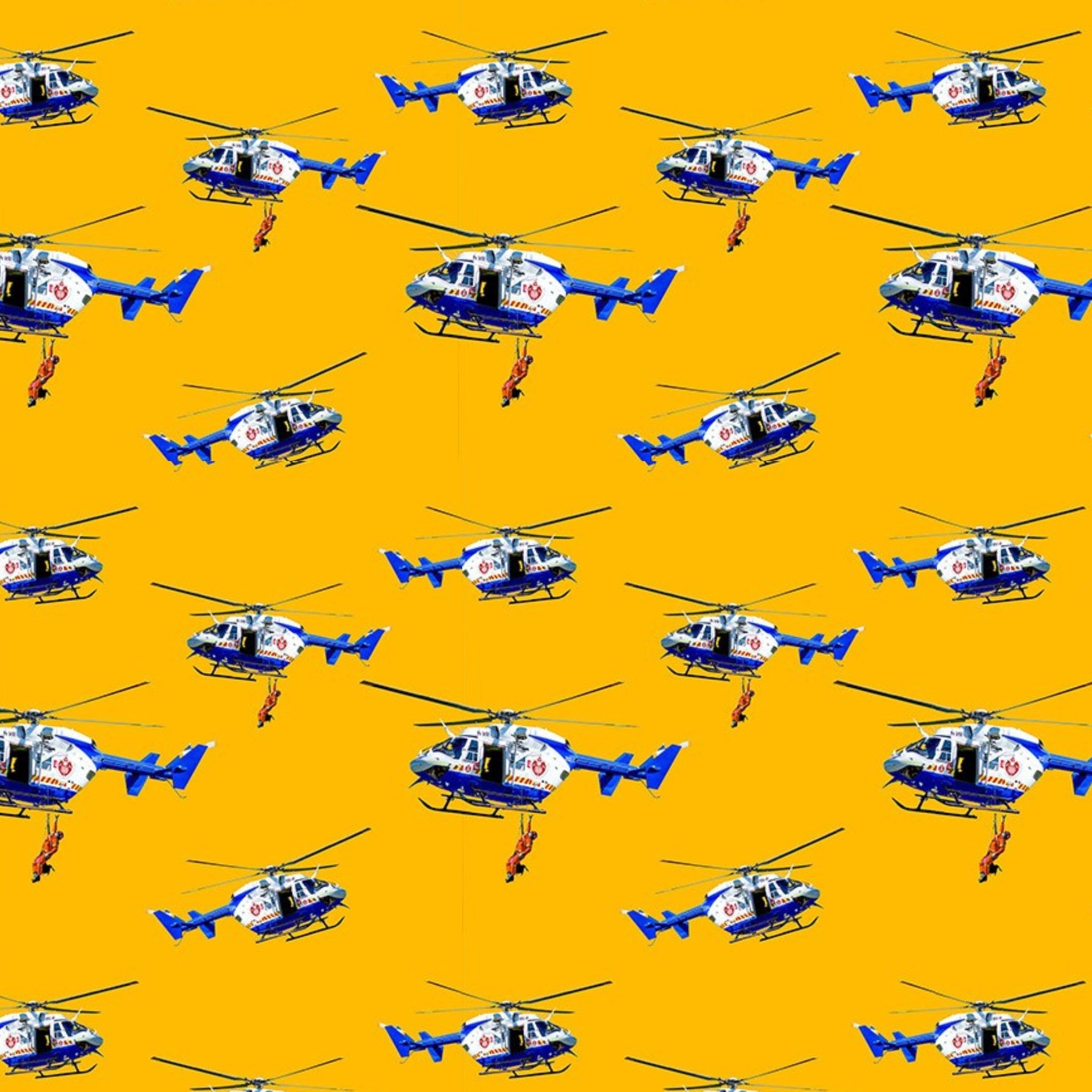 Australian rescue helicopter winching firefighter white blue yellow background fabric for boys quilts children's novelty kids patchwork projects