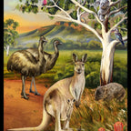 Australian wildlife kangaroos joey emus koala wombat kookaburras eucalyptus outback panel fabric for Australian-themed quilts and wall hangings