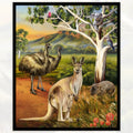 Australian wildlife kangaroos joey emus koala wombat kookaburras eucalyptus outback panel fabric for Australian-themed quilts and wall hangings