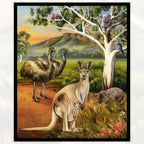 Australian wildlife kangaroos joey emus koala wombat kookaburras eucalyptus outback panel fabric for Australian-themed quilts and wall hangings