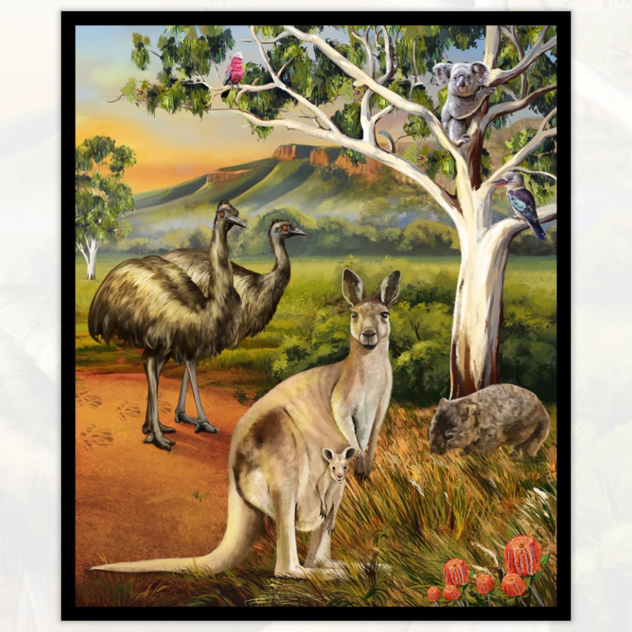 Australian wildlife kangaroos joey emus koala wombat kookaburras eucalyptus outback panel fabric for Australian-themed quilts and wall hangings