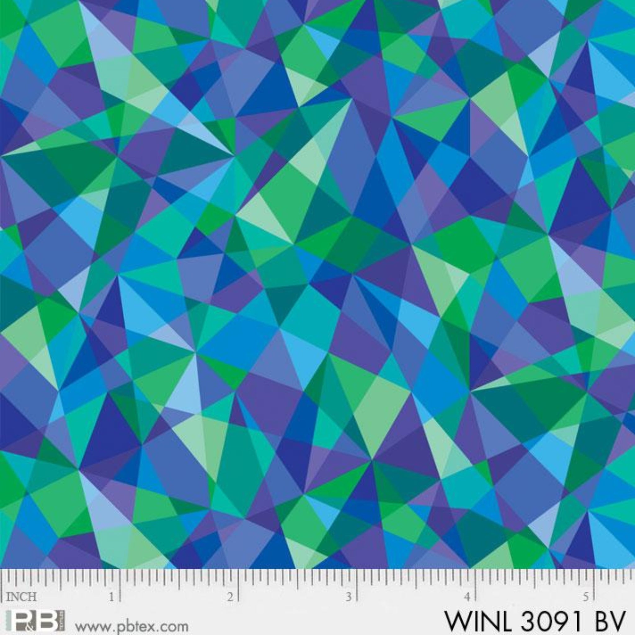 Geometric triangles kaleidoscope in blue green digitally printed fabric for modern quilts and patchwork sewing projects