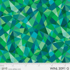 Geometric triangles kaleidoscope in green turquoise blue fabric for modern quilts and patchwork sewing projects