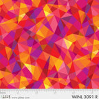 Geometric triangles kaleidoscope in pink orange red purple yellow fabric for modern quilts and patchwork sewing projects