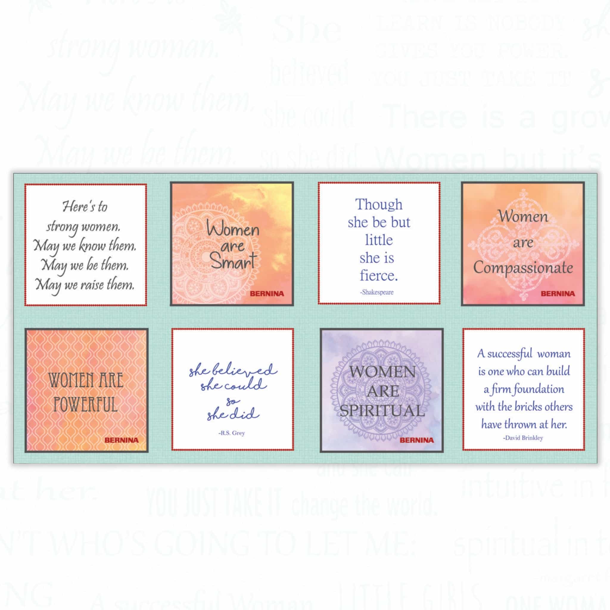 Women Are inspirational quotes panel featuring empowering messages in 5x5 inch blocks on turquoise background
