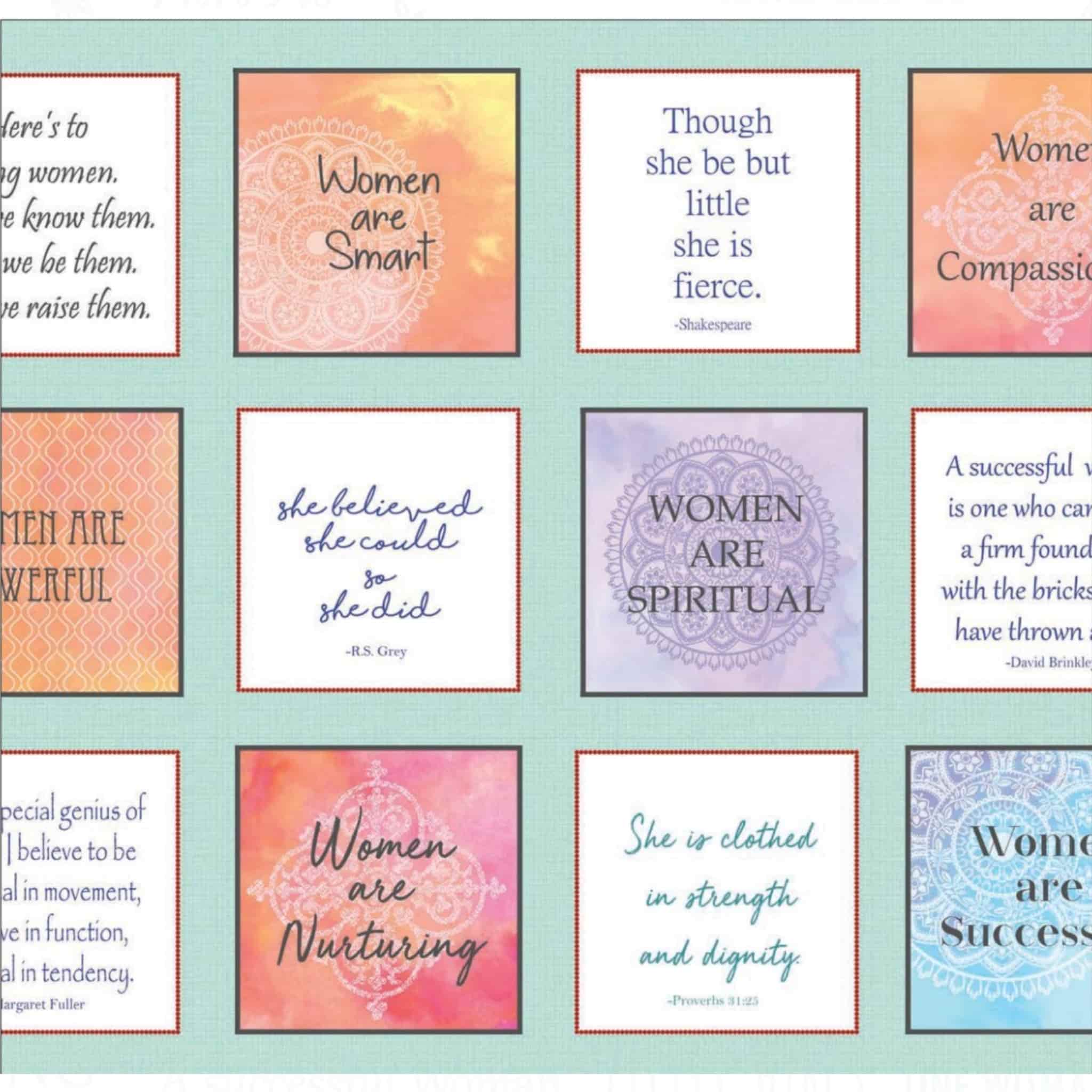 Women Are inspirational quotes panel featuring empowering messages in 5x5 inch blocks on turquoise background