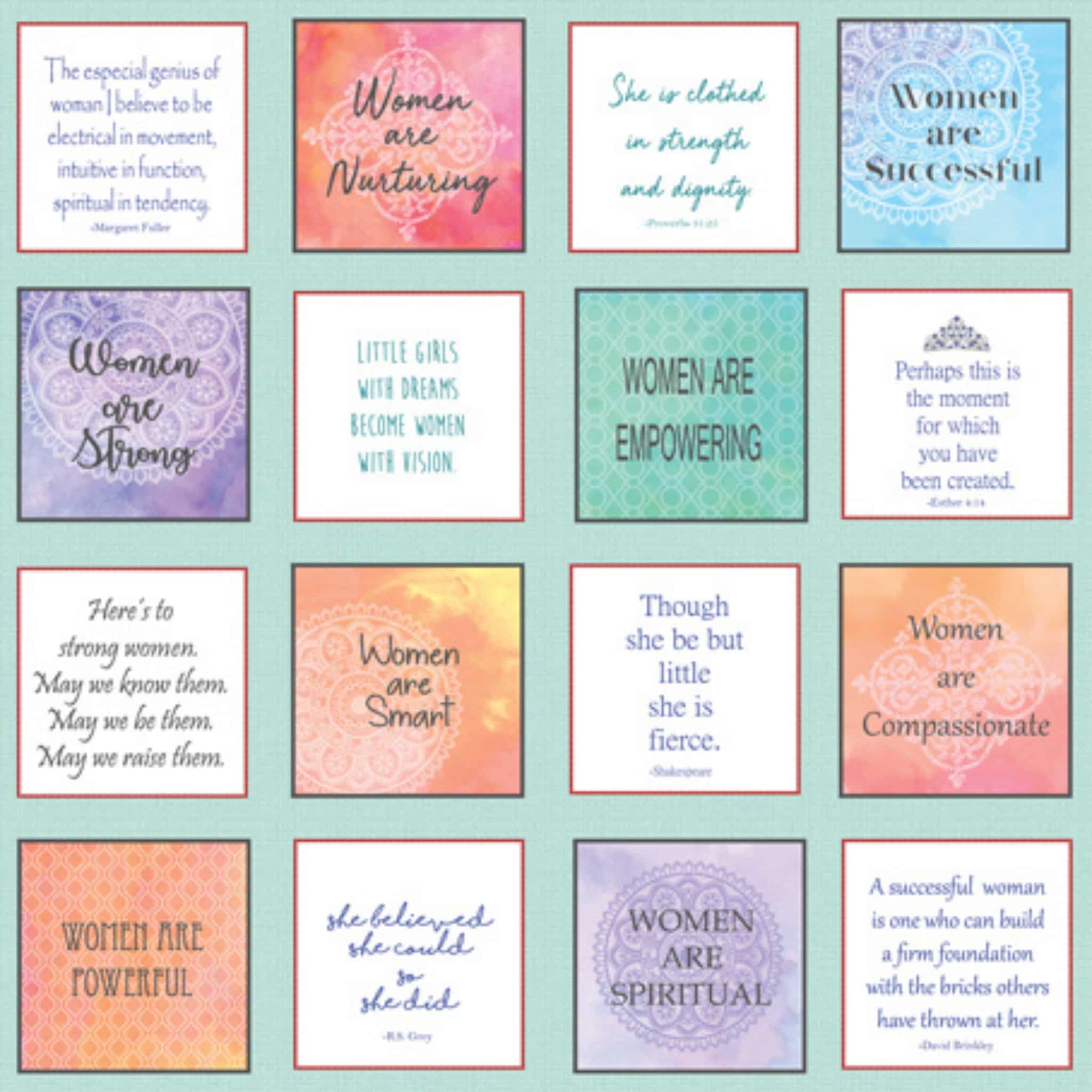 Women Are inspirational quotes panel featuring empowering messages in 5x5 inch blocks on turquoise background
