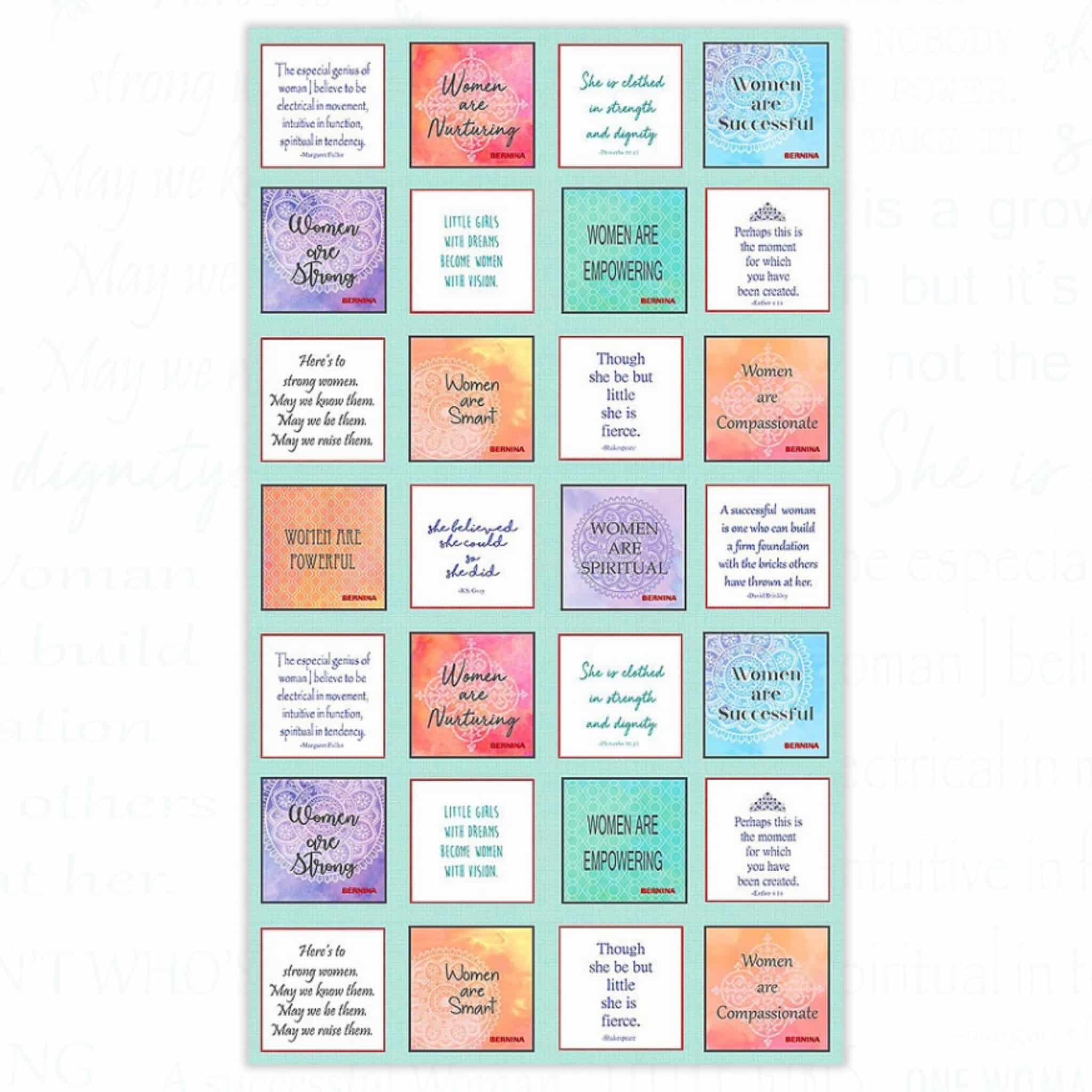 Women Are inspirational quotes panel featuring empowering messages in 5x5 inch blocks on turquoise background