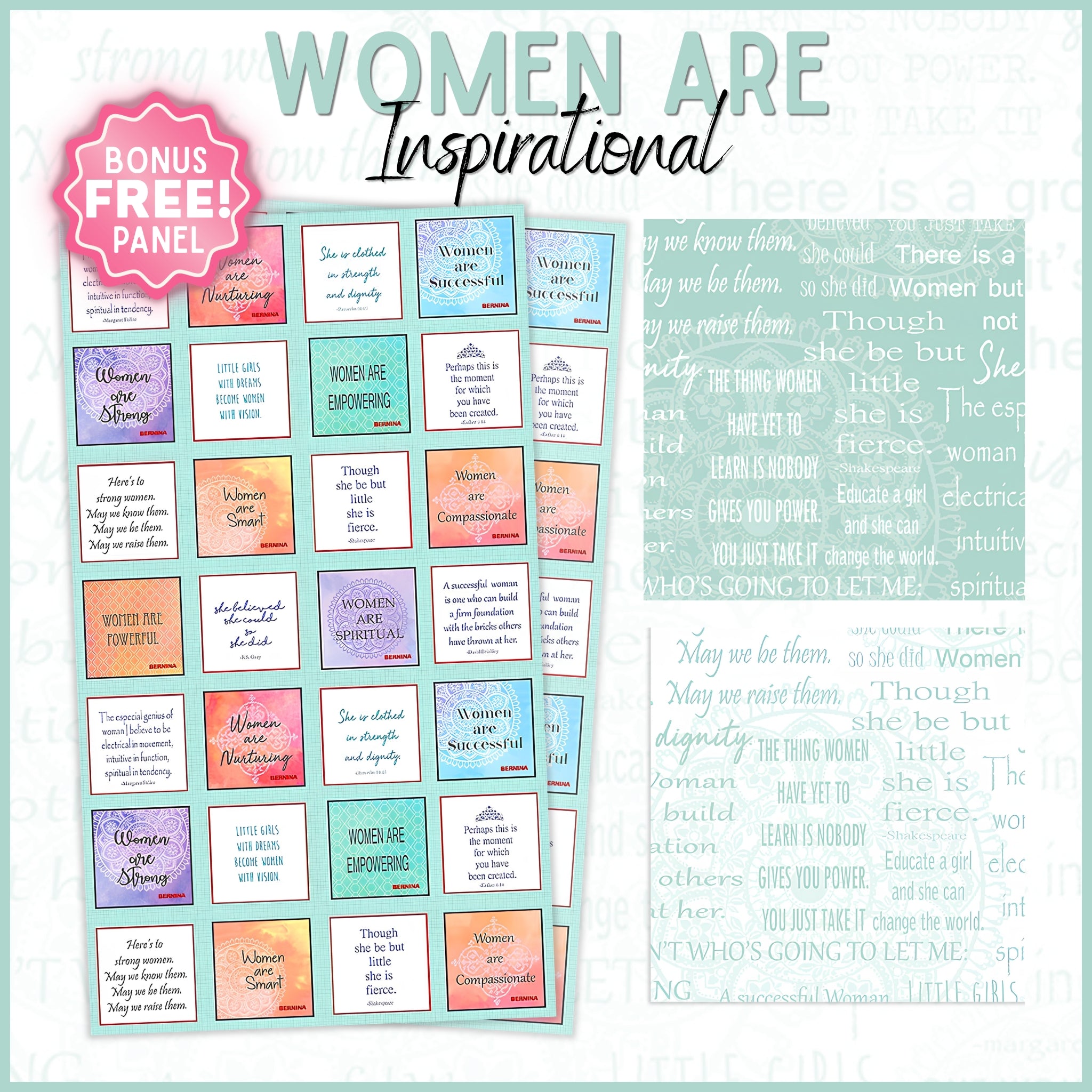 Women Are Inspirational quilting bundle panel coordinates teal turquoise white Benartex bonus free panel