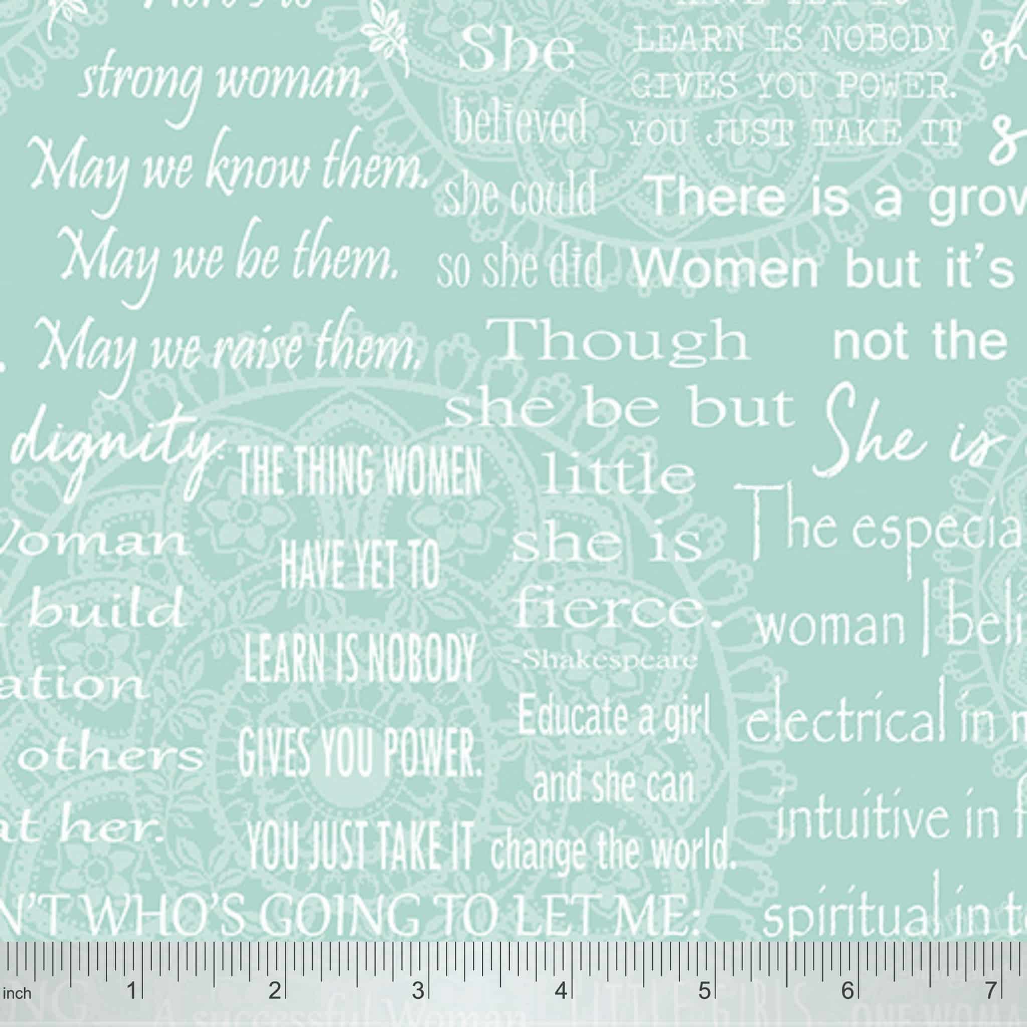 Women Are inspirational words quilting fabric - turquoise with empowering phrases for patchwork projects