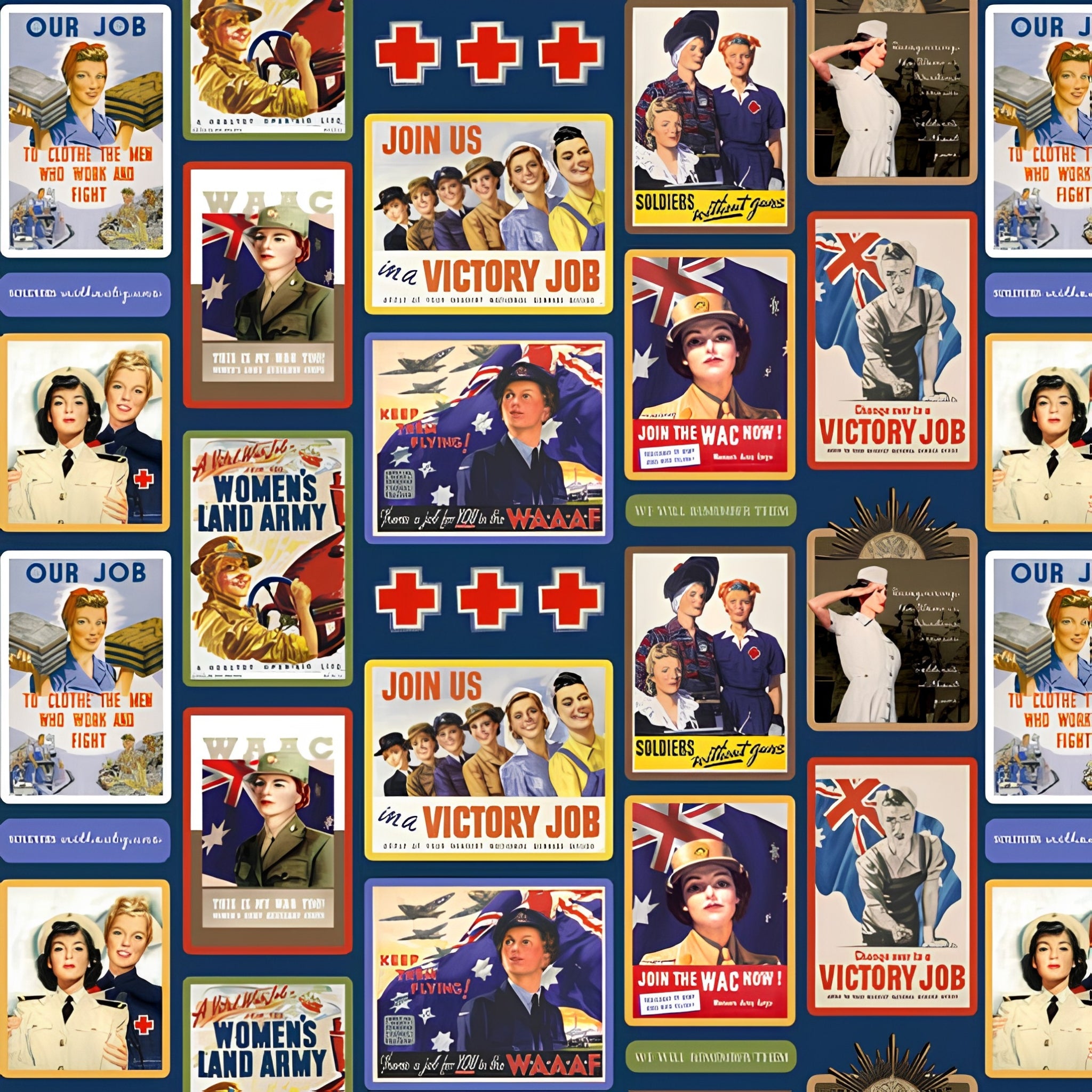 Women's wartime service vintage recruitment poster blocks WAAAF nurses land army navy fabric for ANZAC memorial quilts heritage patchwork projects