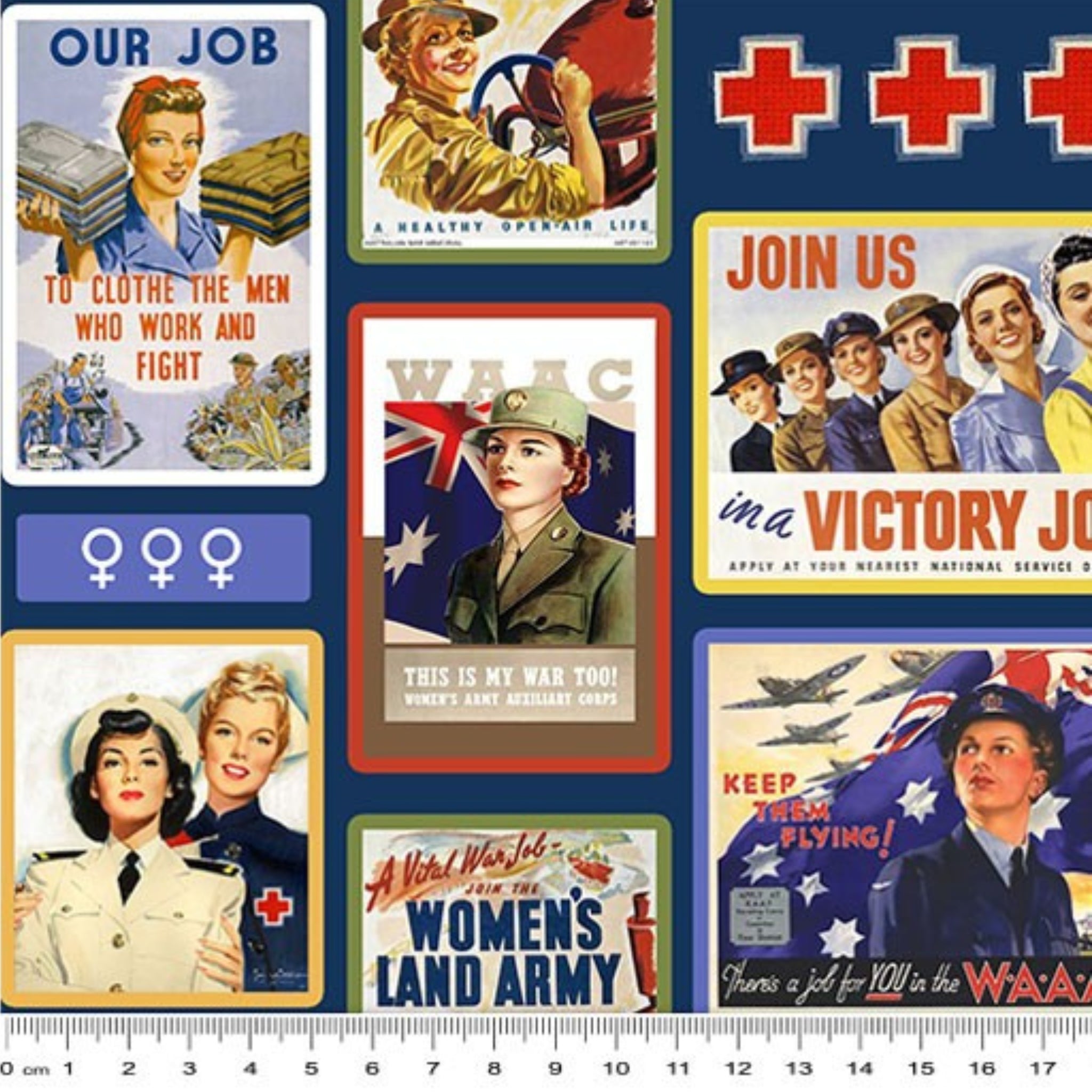 Women's wartime service vintage recruitment poster blocks WAAAF nurses land army navy fabric for ANZAC memorial quilts heritage patchwork projects