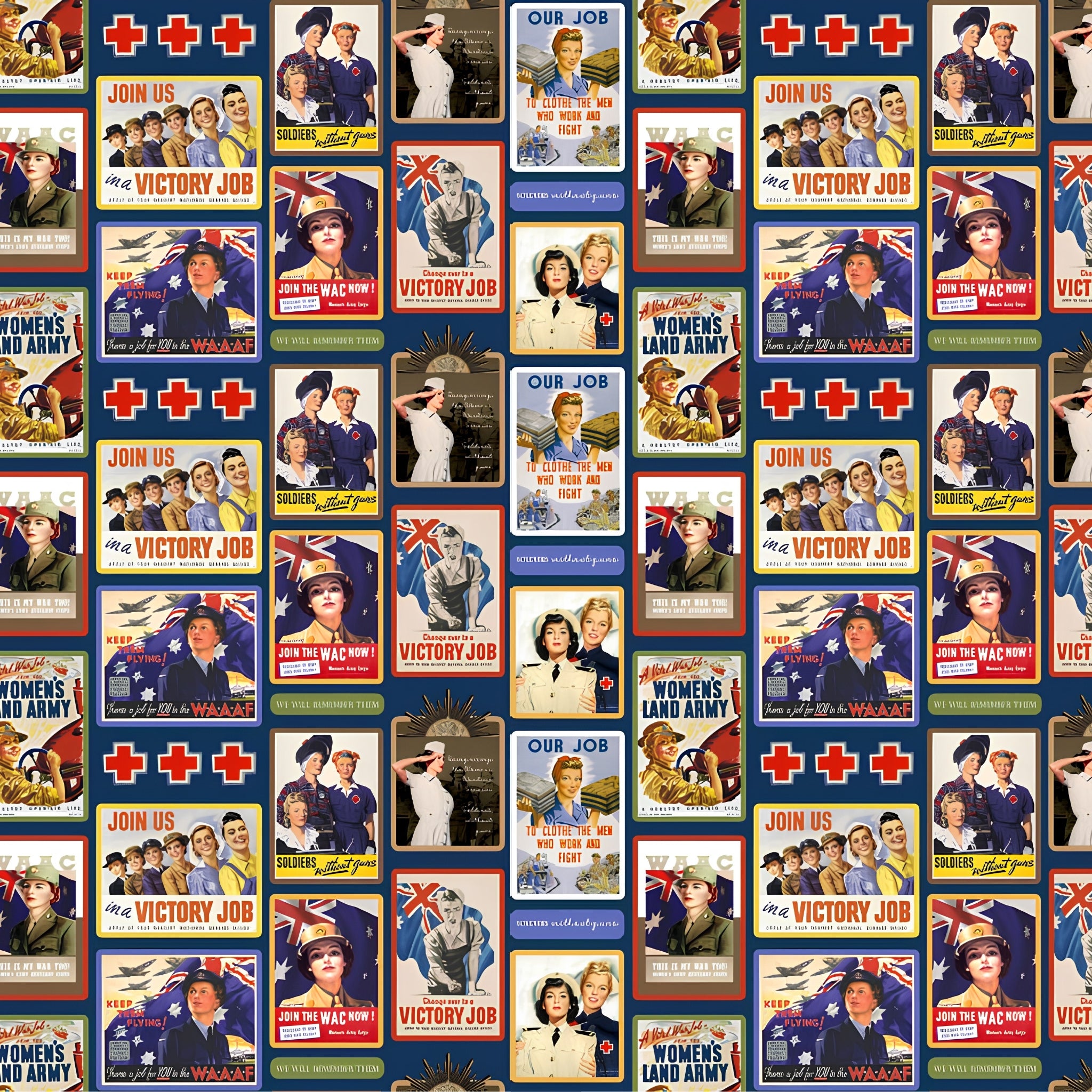Women's wartime service vintage recruitment poster blocks WAAAF nurses land army navy fabric for ANZAC memorial quilts heritage patchwork projects