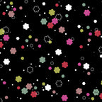 Tossed flower shapes hot pink fuchsia red olive teal white on black quilting cotton girls floral fabric for quilts cushion covers tote bags and children's clothing