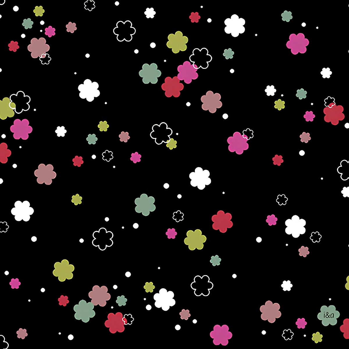 Tossed flower shapes hot pink fuchsia red olive teal white on black quilting cotton girls floral fabric for quilts cushion covers tote bags and children's clothing