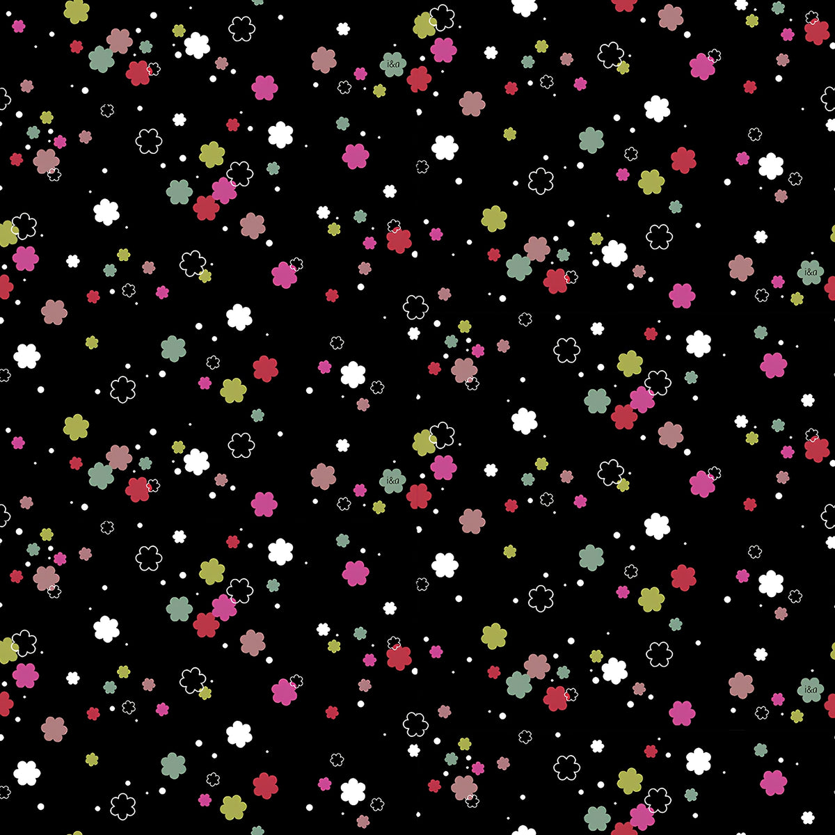 Tossed flower shapes hot pink fuchsia red olive teal white on black quilting cotton girls floral fabric for quilts cushion covers tote bags and children's clothing