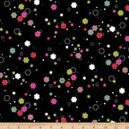 Tossed flower shapes hot pink fuchsia red olive teal white on black quilting cotton girls floral fabric for quilts cushion covers tote bags and children's clothing