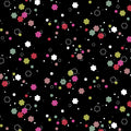 Tossed flower shapes hot pink fuchsia red olive teal white on black quilting cotton girls floral fabric for quilts cushion covers tote bags and children's clothing