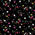 Tossed flower shapes hot pink fuchsia red olive teal white on black quilting cotton girls floral fabric for quilts cushion covers tote bags and children's clothing
