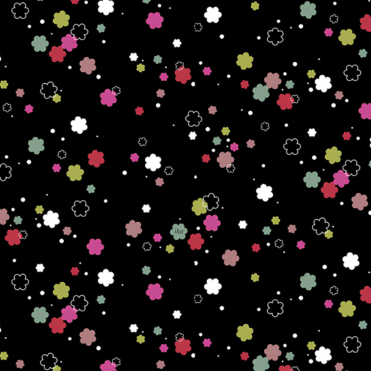 Tossed flower shapes hot pink fuchsia red olive teal white on black quilting cotton girls floral fabric for quilts cushion covers tote bags and children's clothing
