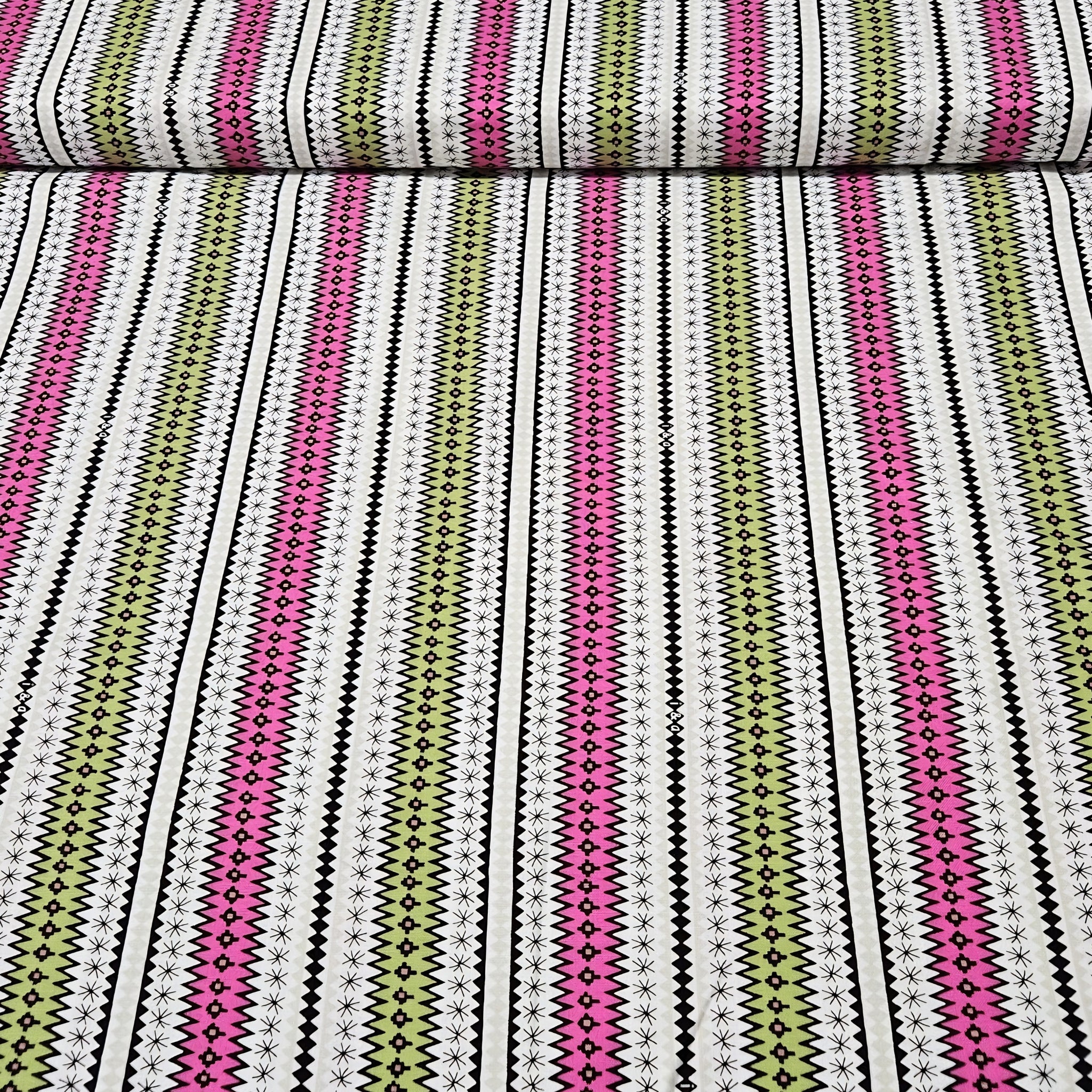 Knit-inspired fair isle geometric stripe pink olive green black cream zigzag chevron quilting cotton for quilts borders binding tote bags and aprons