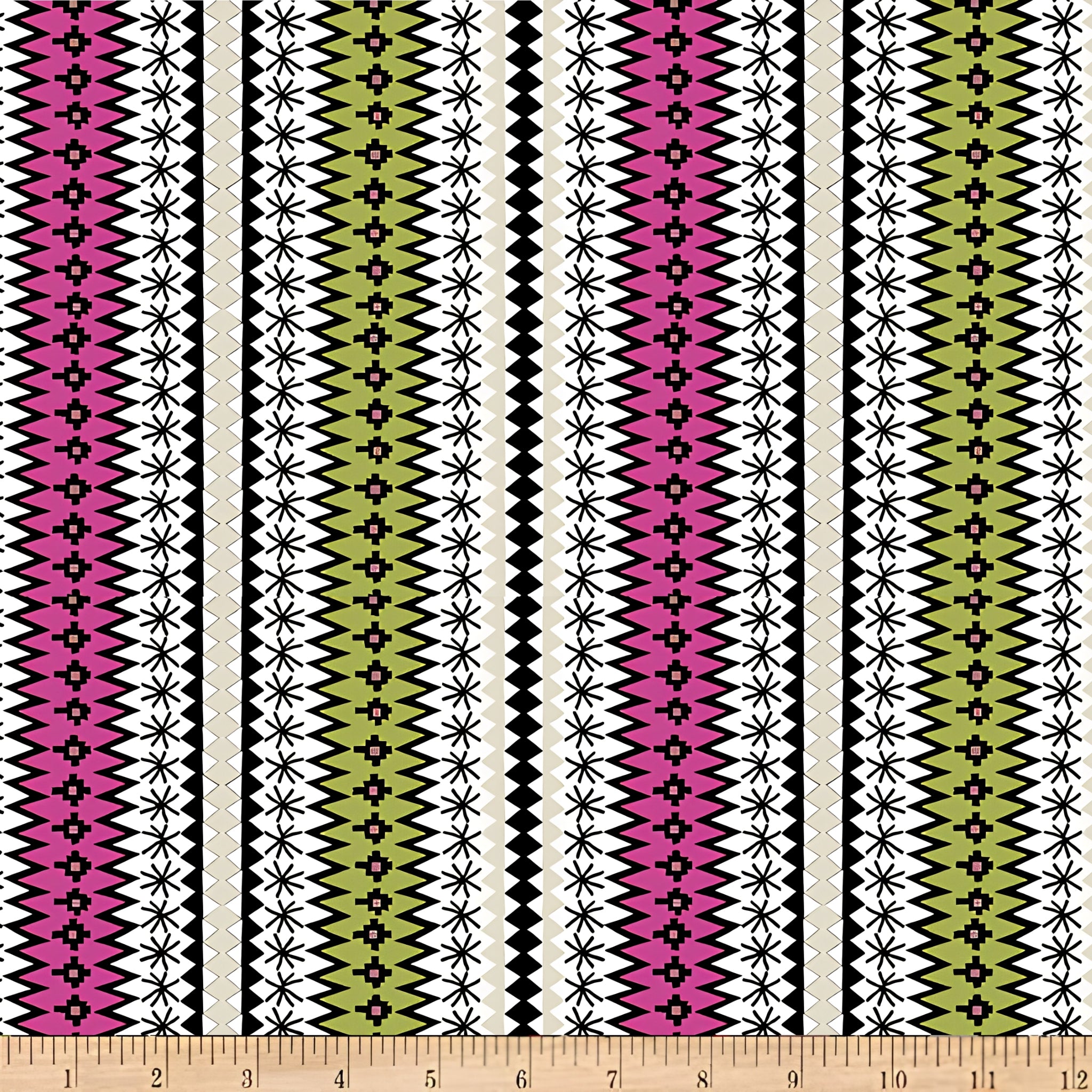 Knit-inspired fair isle geometric stripe pink olive green black cream zigzag chevron quilting cotton for quilts borders binding tote bags and aprons