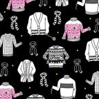Illustrated ugly sweater knitting scarves cardigans white black hot pink on black novelty quilting cotton for quilts tote bags sewing room accessories and knitter gifts