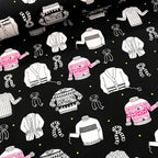 Illustrated ugly sweater knitting scarves cardigans white black hot pink on black novelty quilting cotton for quilts tote bags sewing room accessories and knitter gifts