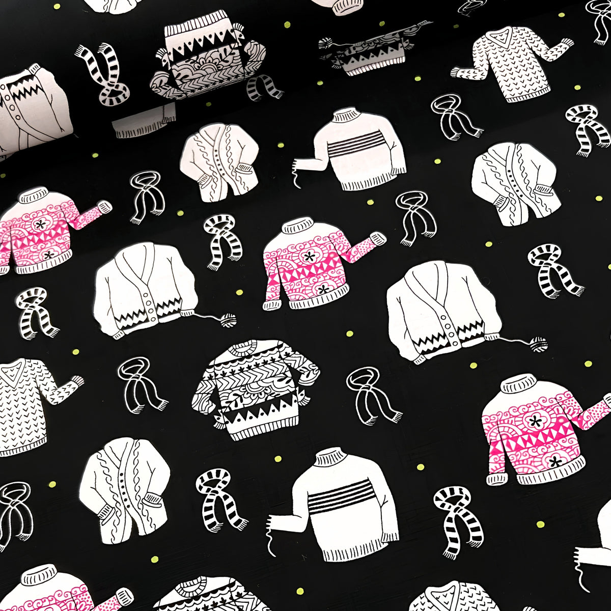 Illustrated ugly sweater knitting scarves cardigans white black hot pink on black novelty quilting cotton for quilts tote bags sewing room accessories and knitter gifts