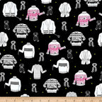 Illustrated ugly sweater knitting scarves cardigans white black hot pink on black novelty quilting cotton for quilts tote bags sewing room accessories and knitter gifts