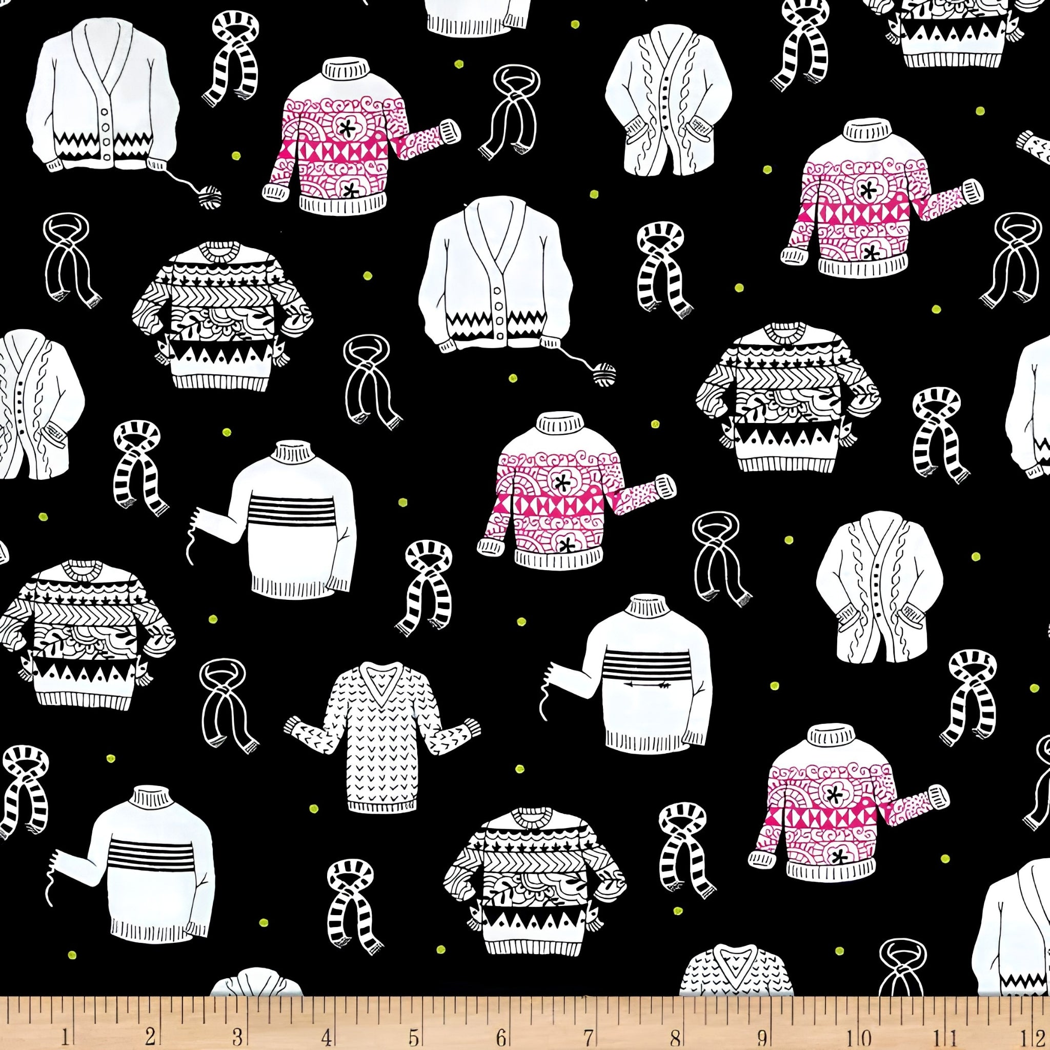 Illustrated ugly sweater knitting scarves cardigans white black hot pink on black novelty quilting cotton for quilts tote bags sewing room accessories and knitter gifts