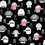 Illustrated ugly sweater knitting scarves cardigans white black hot pink on black novelty quilting cotton for quilts tote bags sewing room accessories and knitter gifts