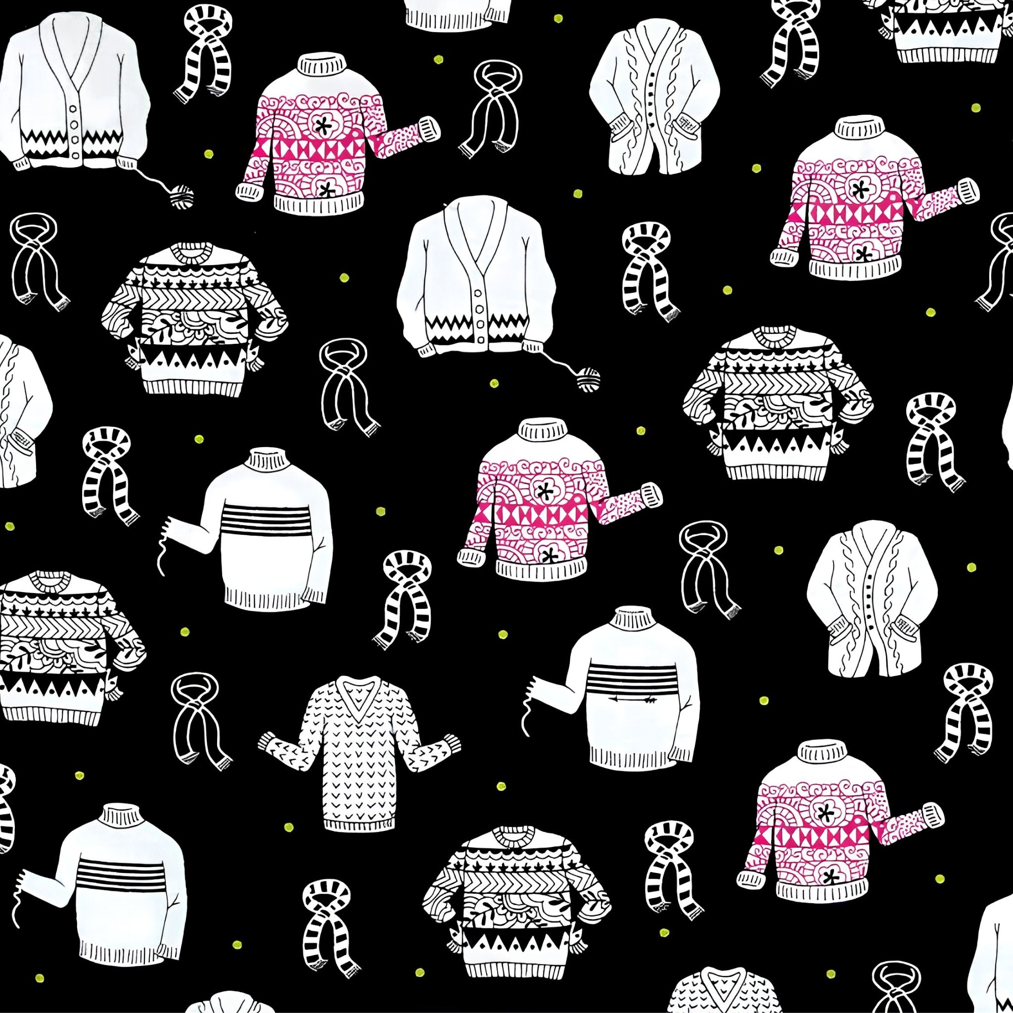 Illustrated ugly sweater knitting scarves cardigans white black hot pink on black novelty quilting cotton for quilts tote bags sewing room accessories and knitter gifts