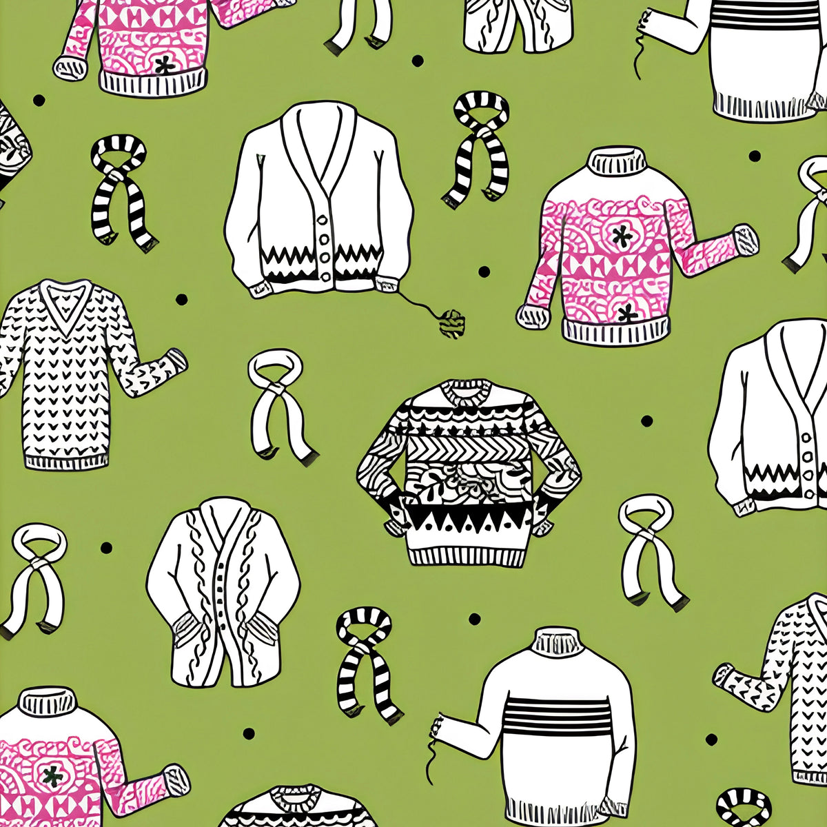 Illustrated ugly sweater knitting scarves cardigans white black hot pink on olive green novelty quilting cotton for quilts tote bags sewing room accessories and knitter gifts